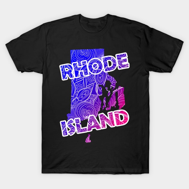 Colorful mandala art map of Rhode Island with text in blue and violet T-Shirt by Happy Citizen